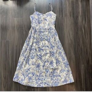 Linen Floral White and Blue Button Down Midi Sun Dress Small Sleeveless